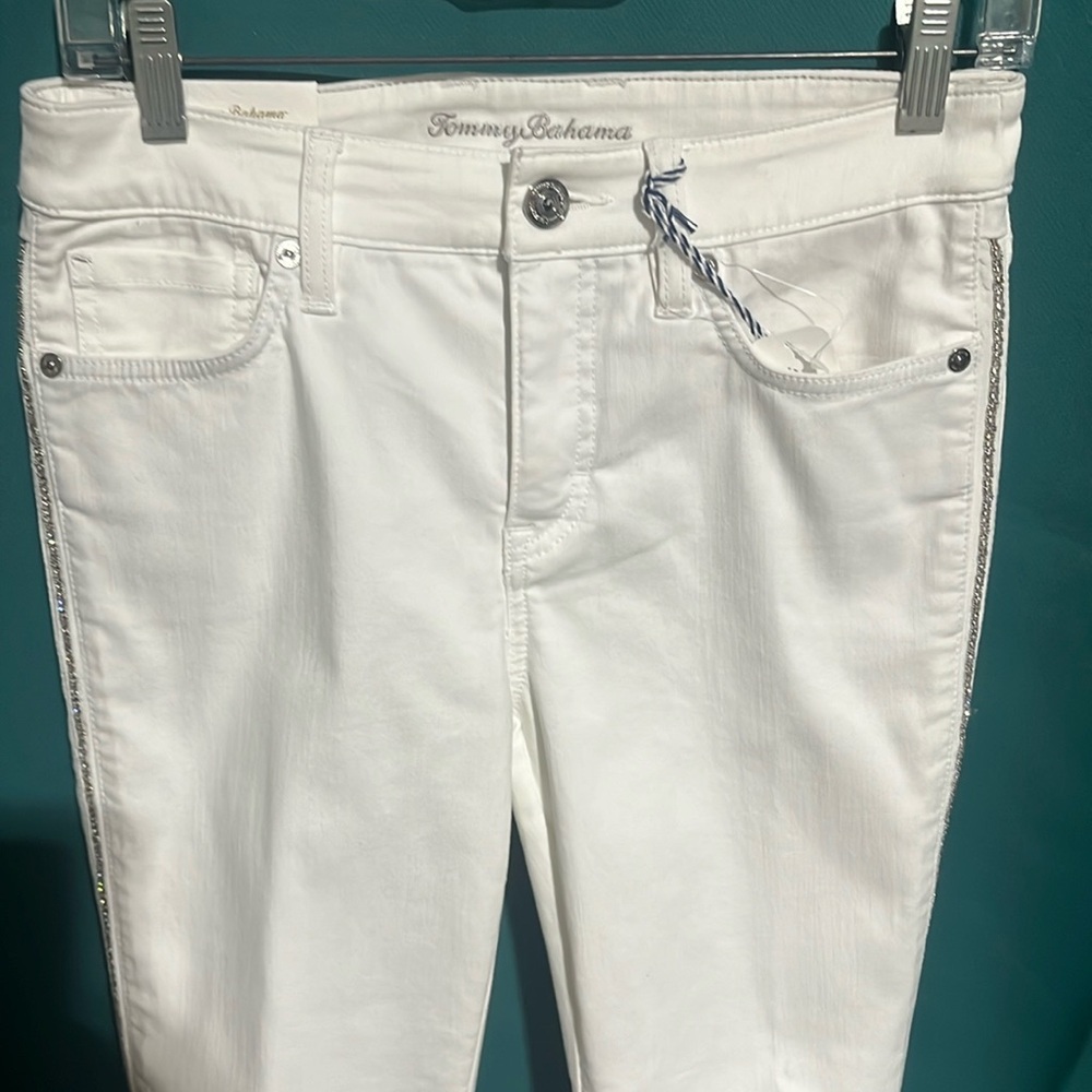 White denim jeans with one line of rhinestones down the side. - Picture 2 of 8